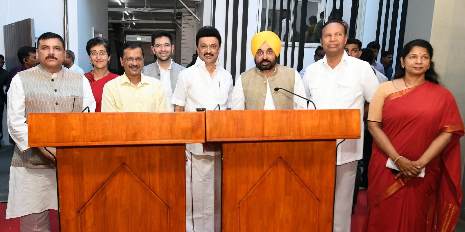 Arvind Kejriwal and Bhagwant Mann after a meeting with MK Stalin on Thursday, 1 June, 2023.