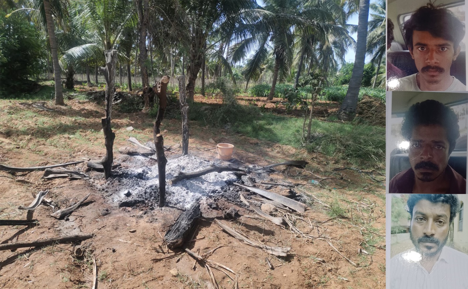 The spot in an open field where Nethravathi was cremated without police knowledge. Accused (from top) Shivaraju, Parashuram, & Tukaram