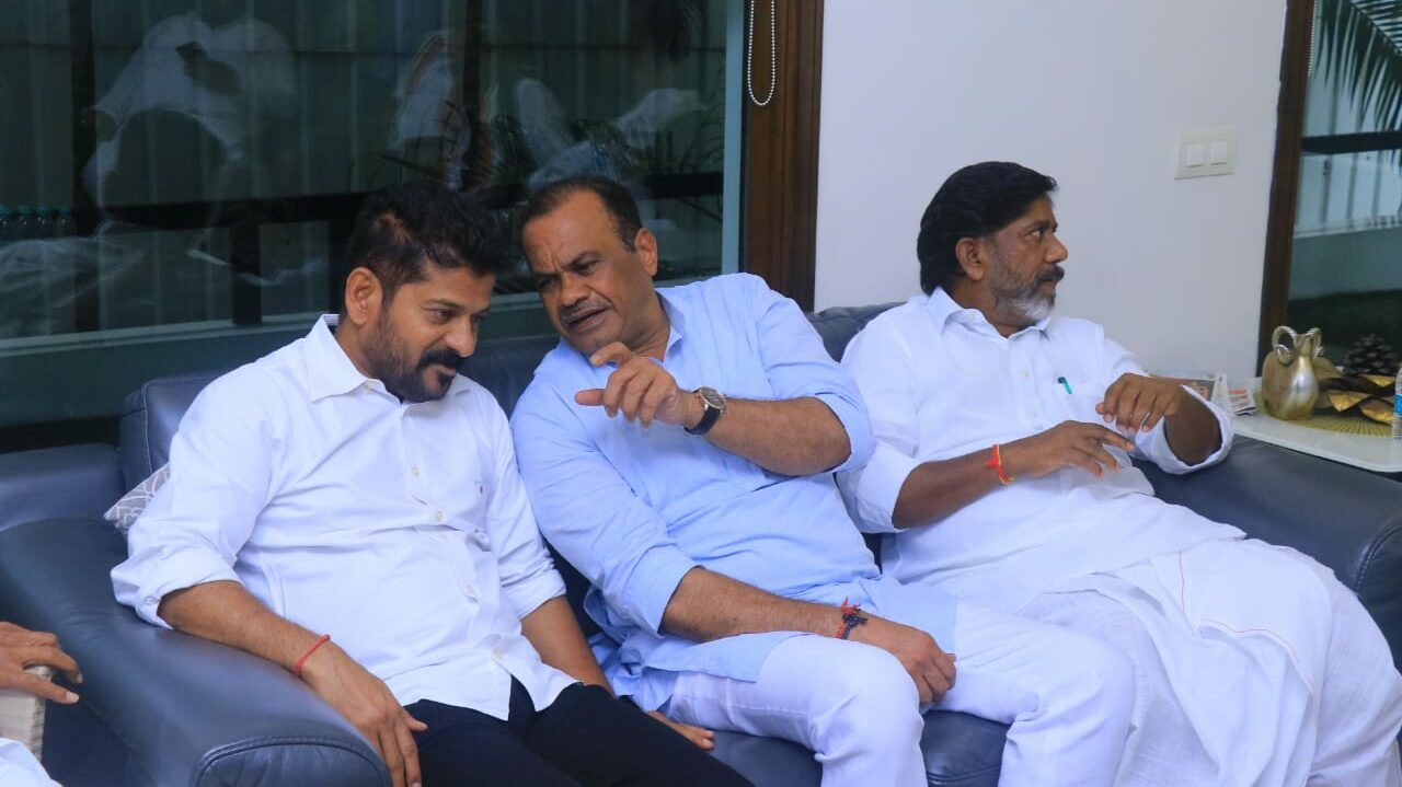 Revanth Reddy, Venkat Reddy, and Mallu Bhatti Vikramarka at the meeting. (Supplied)