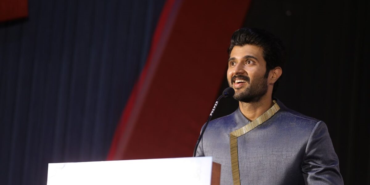 Vijay Deverakonda interacting with the press during Kushi promotions