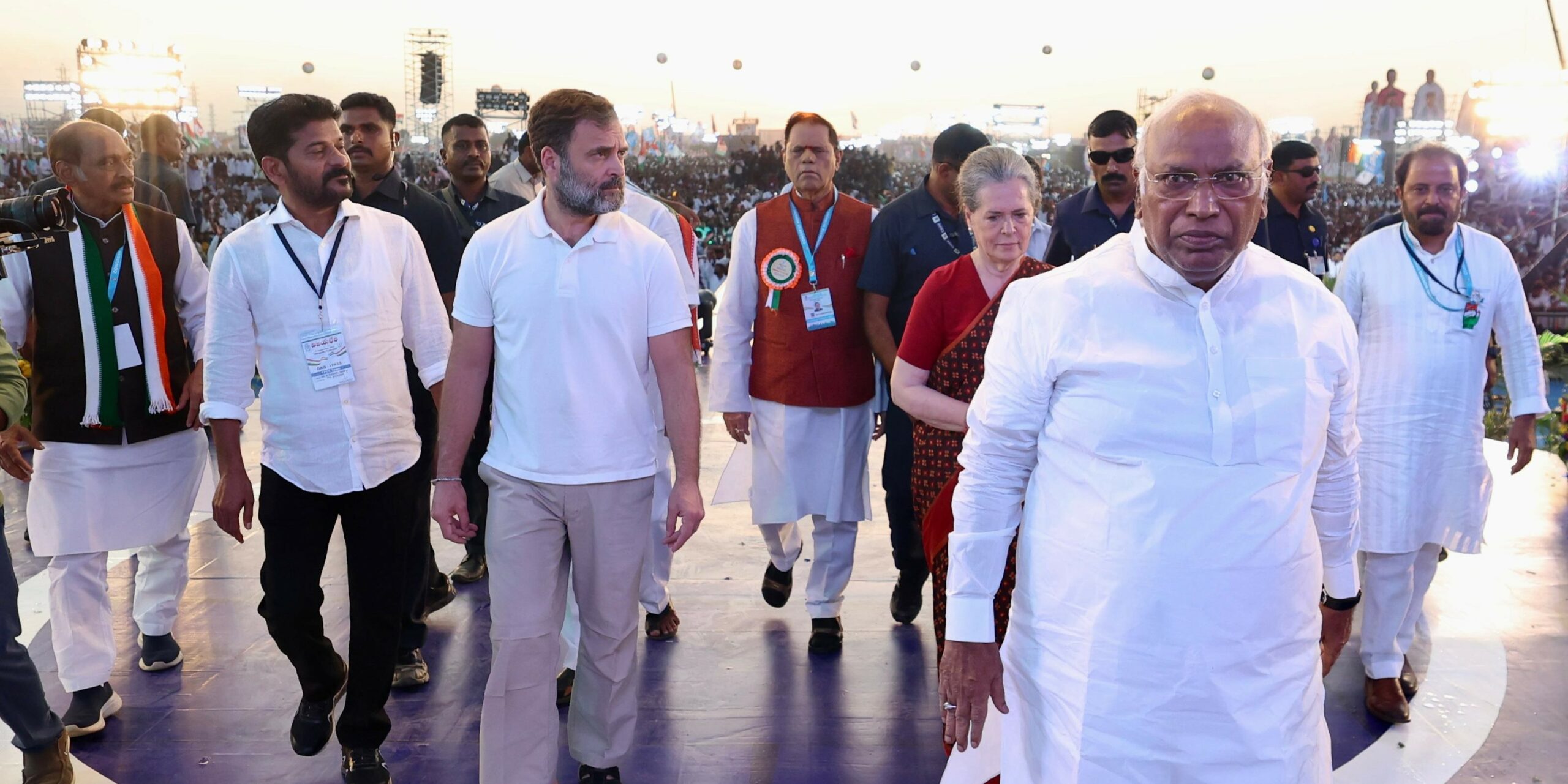 National-level Congress leaders at a mega rally on the outskirts of Hyderabad on Sunday, 17 September, 2023.