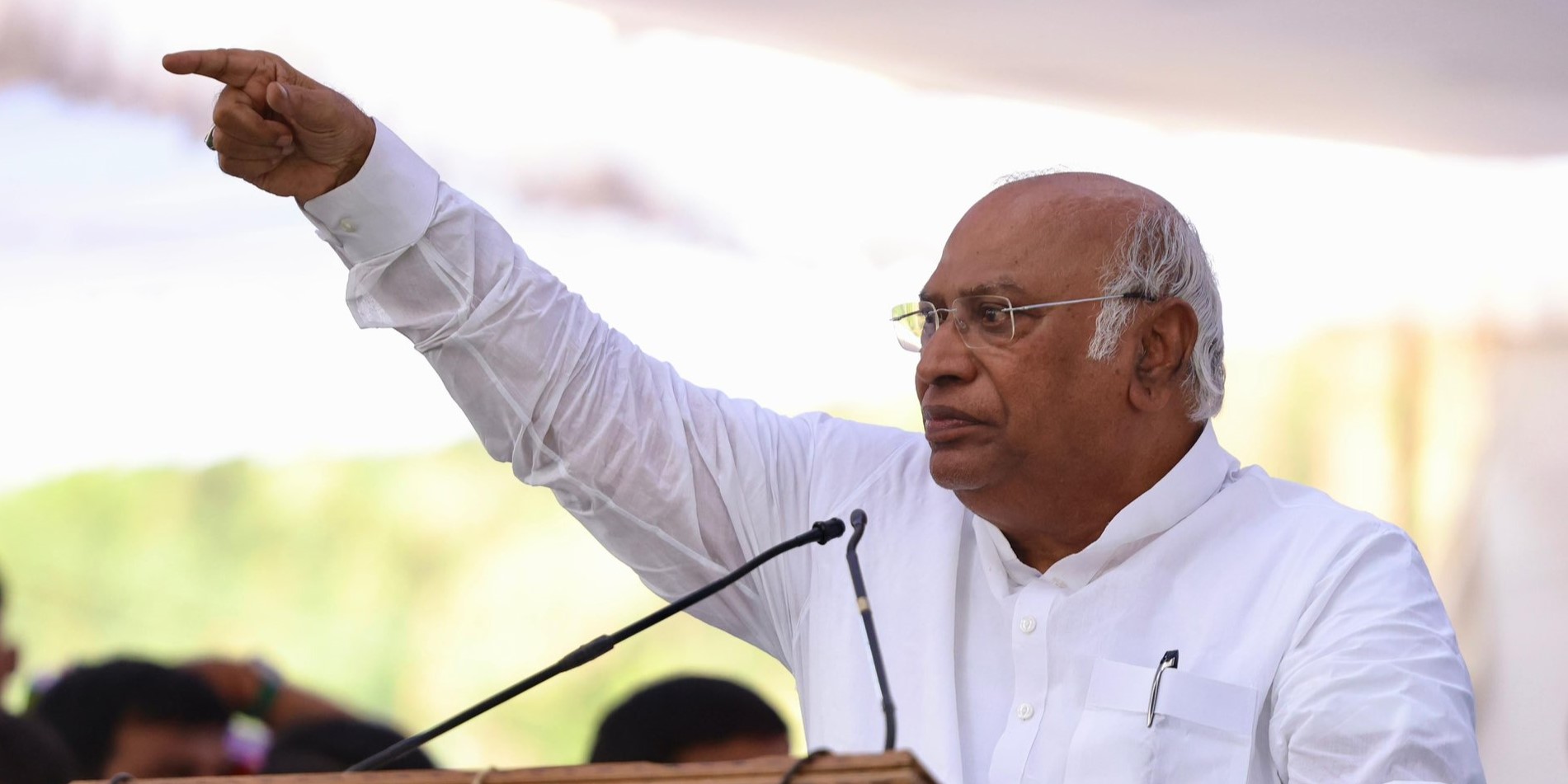 AICC president Mallikarjun Khage at a Congress rally in the Sangareddy district of Telangana on 29 October, 2023.