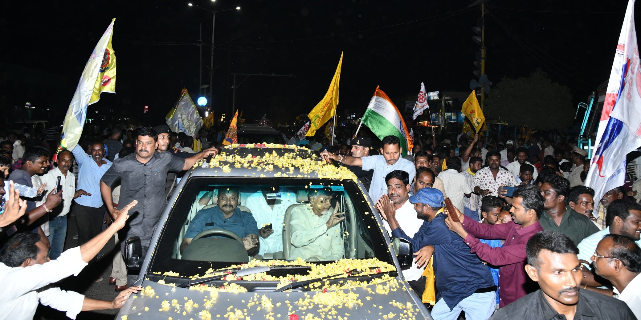 TDP chief Chandrababu Naidu greets supporters after walking out of prison on conditional bail on Tuesday, 31 October, 2023.