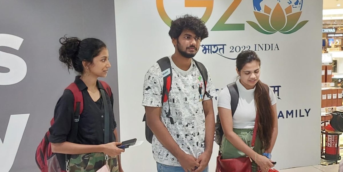Students Gopika Shibu, Achut MC and Shishira Mambaram, who arrived at the Delhi airport on Friday. All three are from Kerala. (I&PRD, Kerala)