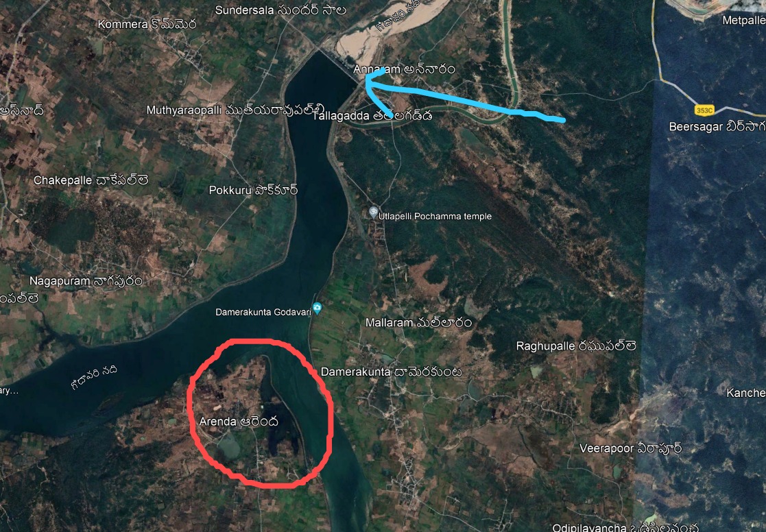 The story now centers on the circled area, where Manair merges with Godavari. At the barrage, the government manages the inflow of water. If required, the water is redirected back to the circled point, where it re-enters both Manair and Godavari rivers. To prevent water from flowing into the villages, the government acquired some land and constructed a dam.