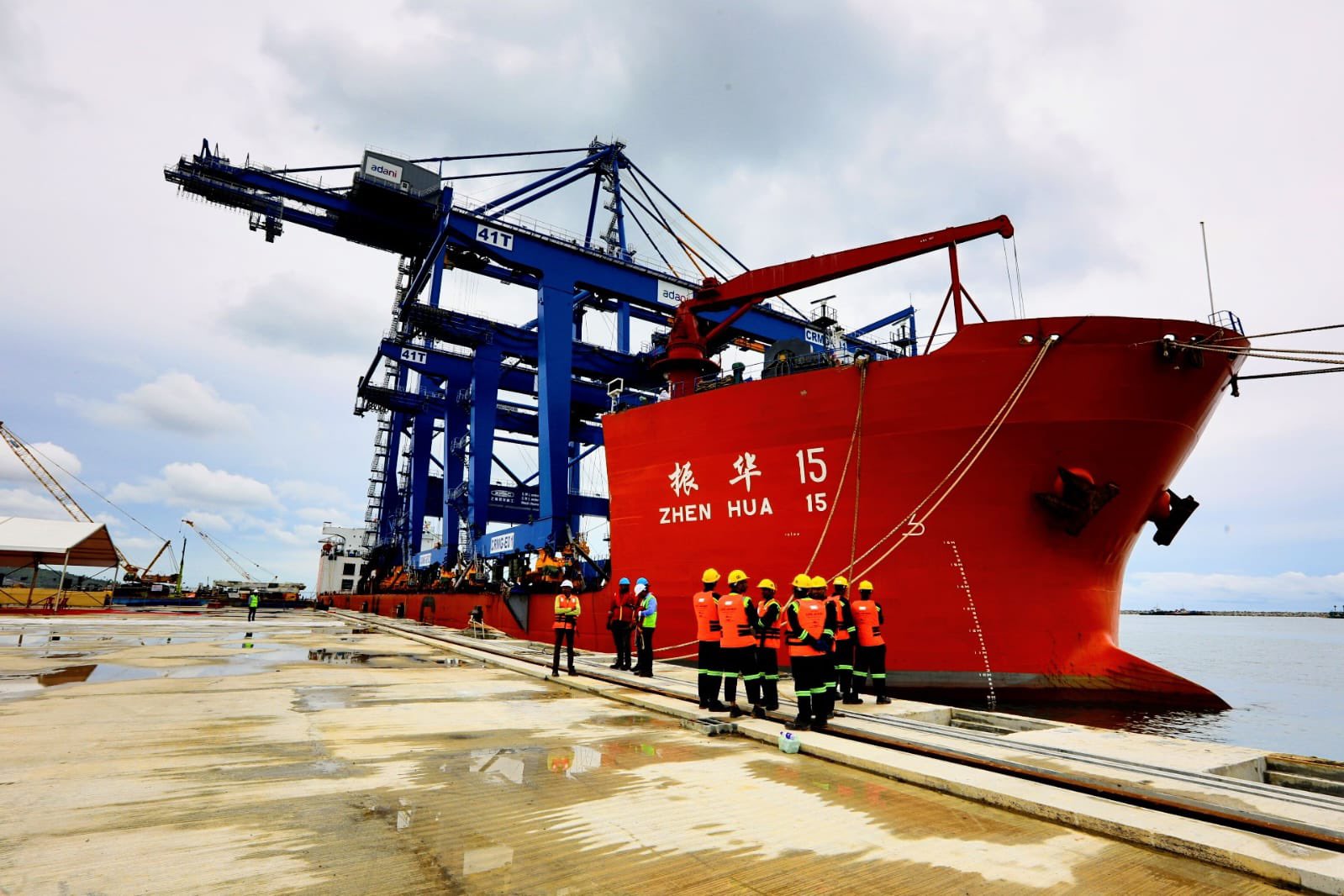 The ship that brought gantry cranes to Vizhinjam from China was accorded a grand welcome. (Supplied)