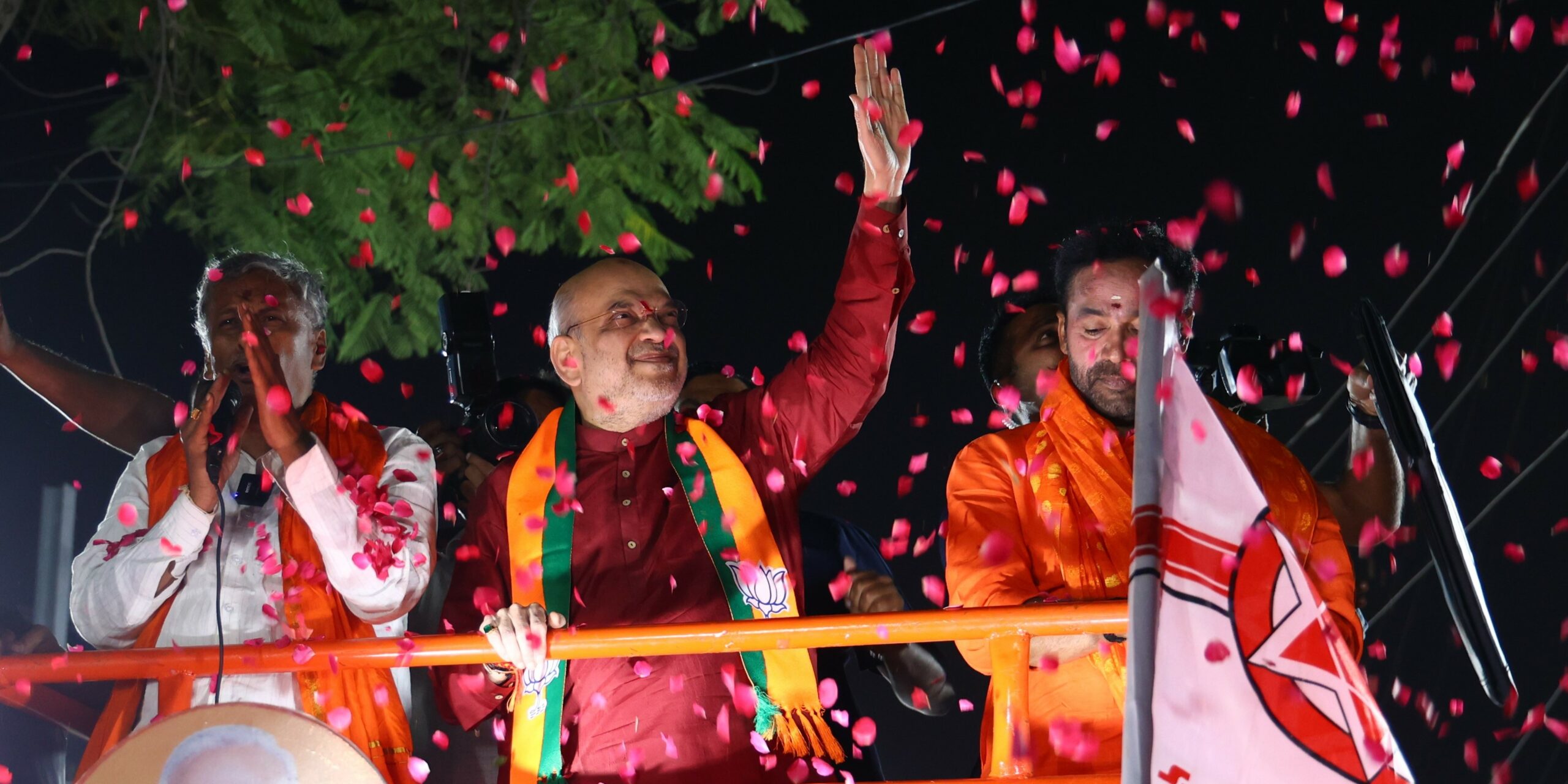 Union Home Minister Amit Shah with other top BJP leaders on the campaign trail in Telangana.