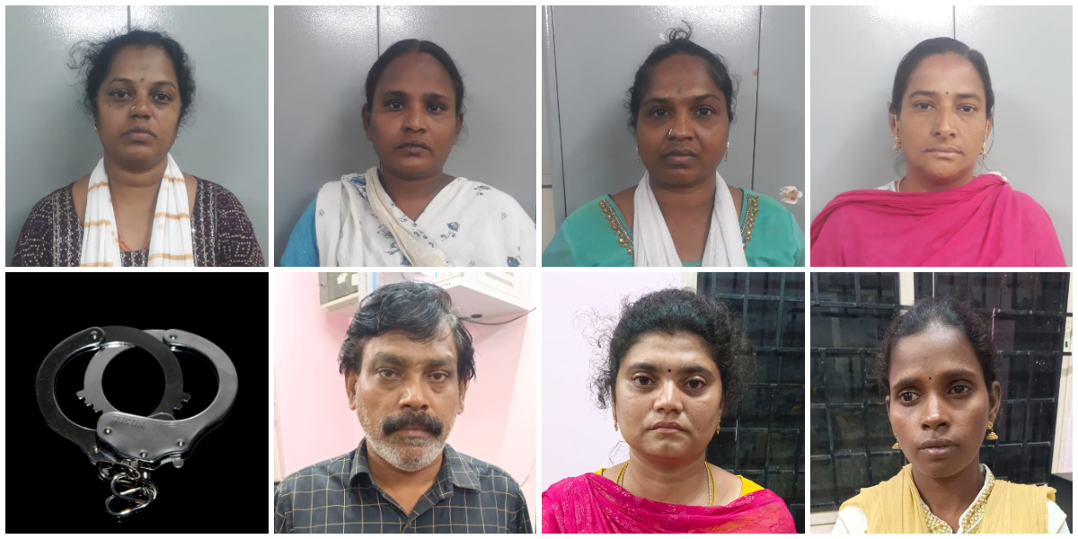 [Clockwise from top left] Seven of the eight arrested, including racket kingpin Mahalakshmi, Gomathi, Suhasini, Radha, Hemalatha, Sharanya, and Kannnan Ramaswamy.