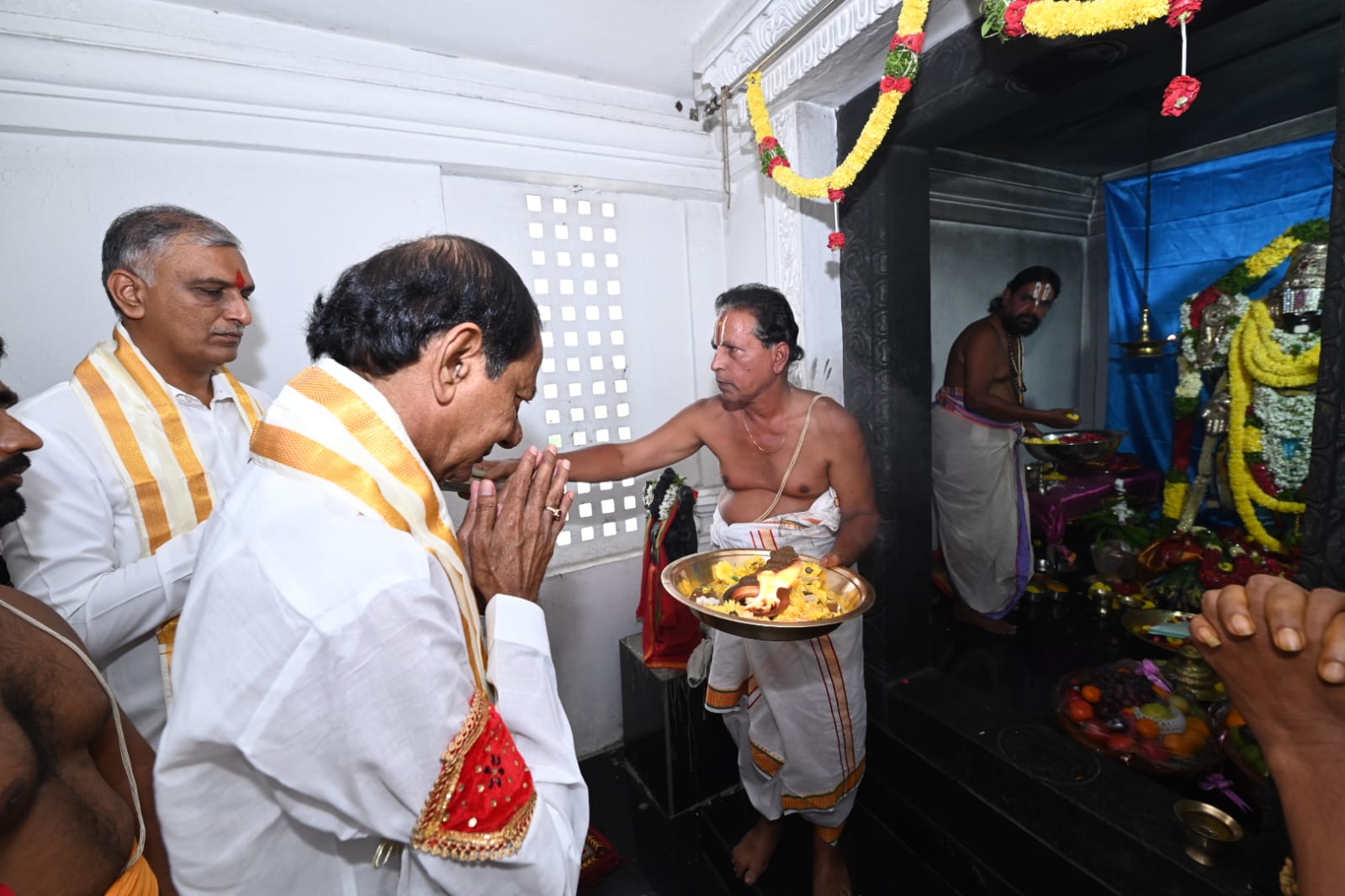 KCR at the Shri Venkateswara Swami Temple at Konaipalli on Saturday. He signed the nomination papers in the temple. (X)