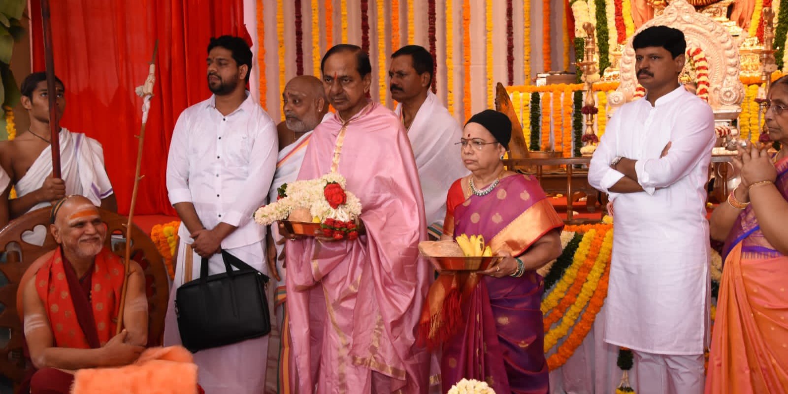 Telangana Chief Minister and BRS chief K Chandrashekar Rao, along with his wife, began a three-day Rajashyamala Yagam at their farmhouse in Erravalli in the Siddipet district on Wednesday, 1 November.