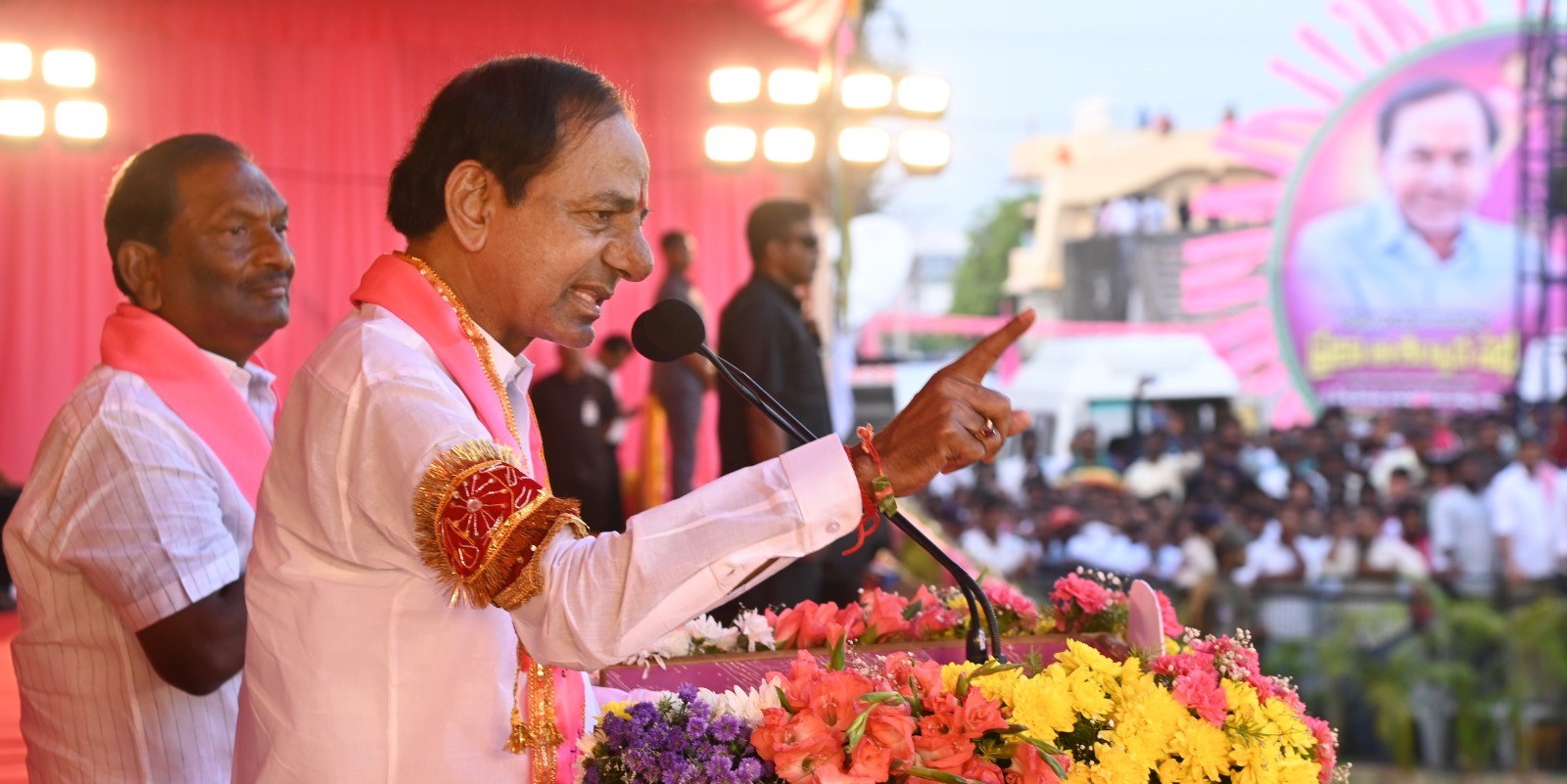 Telangana CM and BRS supremo KCR addressing public speech in the Jagtial district.
