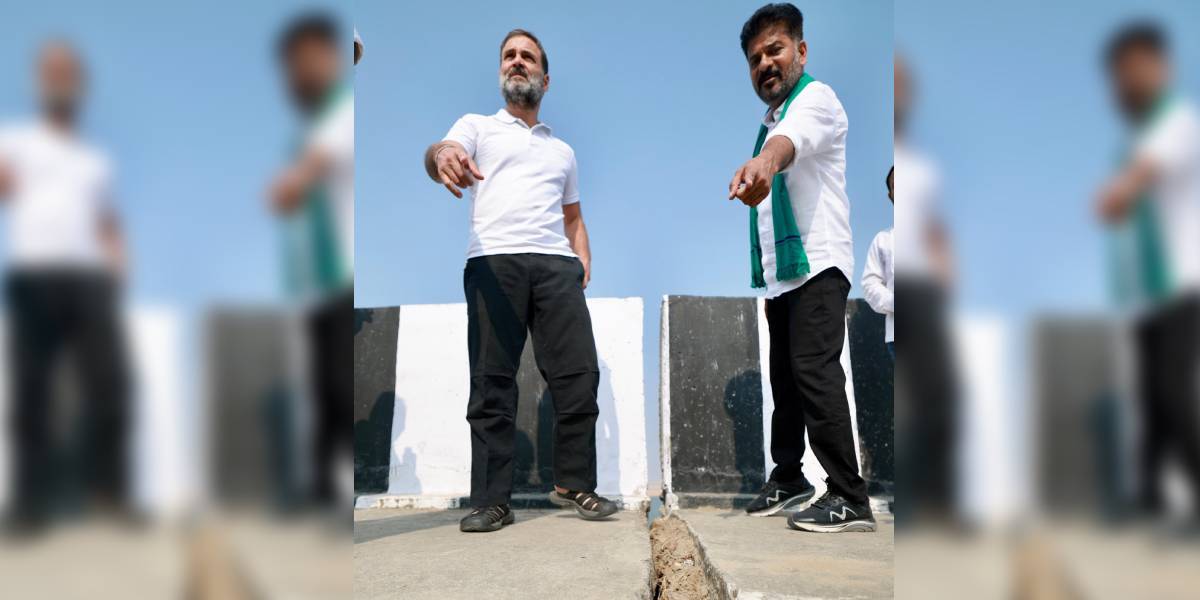 A Revanth Reddy along with Rahul Gandhi at the barrage on Thursday. (X)