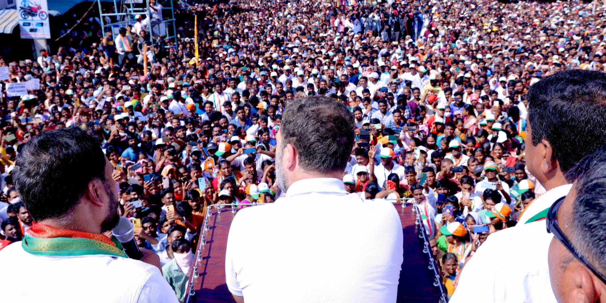 Congress MP Rahul Gandhi at an election rally in Telangana.