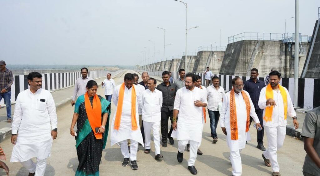 Union Minister G Kishan Reddy and other BJP leaders visiting the damaged Medigadda Barrage on Saturday. (X)