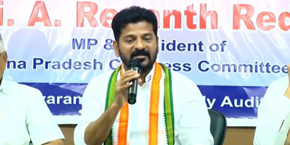 Congress's Revanth Reddy addressing the media. (Screengrab)