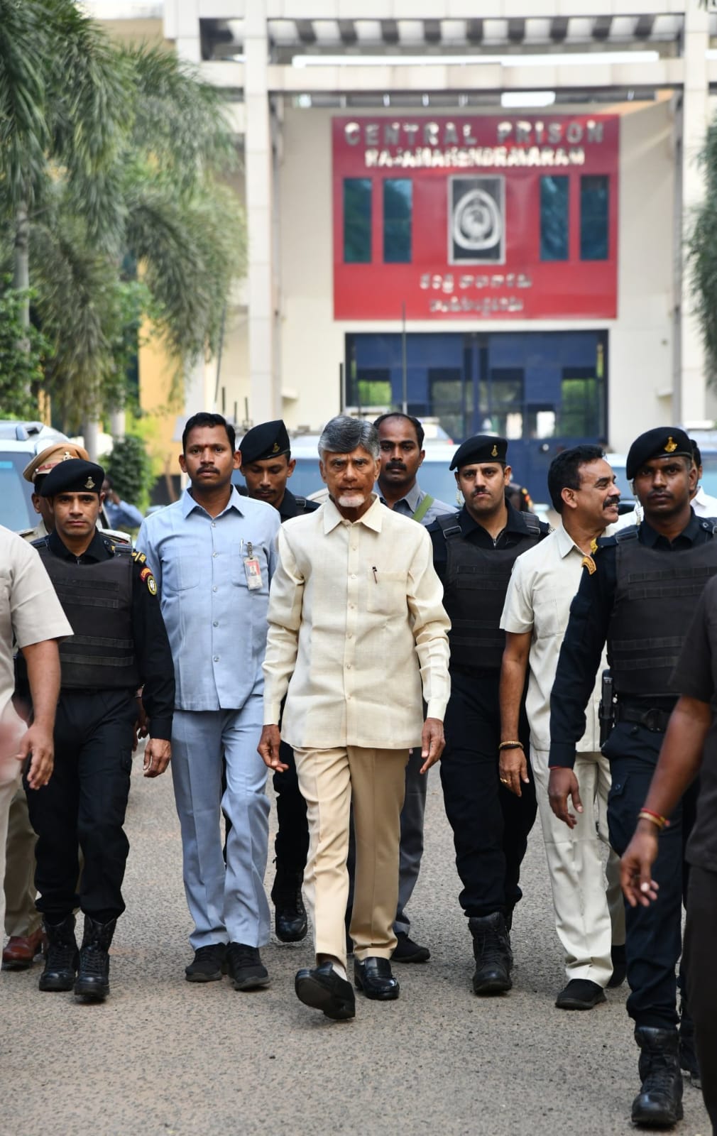 Chandrababu Naidu walking out of Rajamahendravaram Central Prison after interim bail was granted. (Supplied)