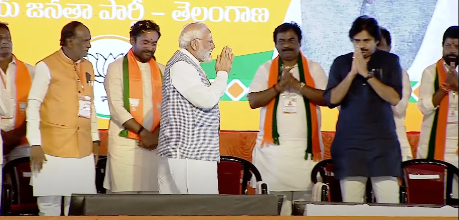 A screenshot from the live video of PM Modi with Telangana BJP leaders and Jana Sena chief Pawan Kalyan at OBC meeting i Hyderabad.