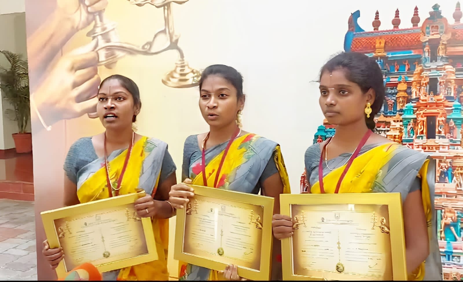 S Krishnaveni, S Ramya and N Ranjitha are the first batch of women who completed the one year Archakar training course. (Supplied)