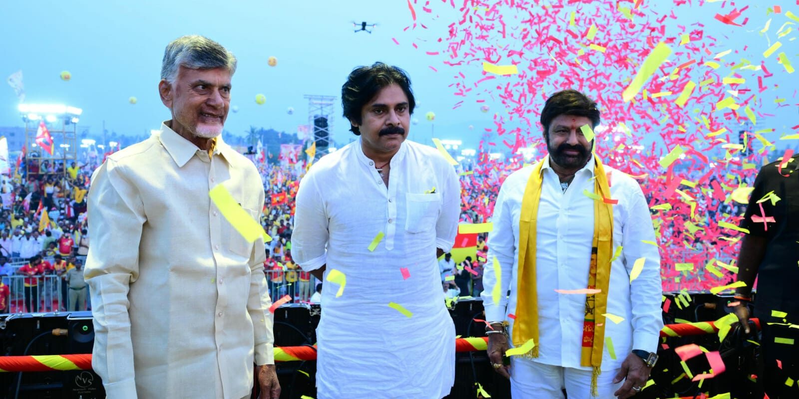 TDP chief Chandrababu, Jana Sena chief Pawan Kalyan and TDP MLA Bala Krishna. (Supplied)