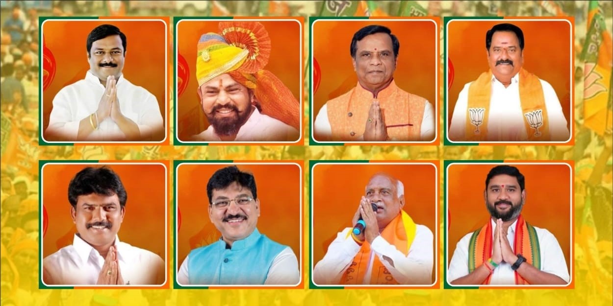 (Clockwise from top left) The BJP's winners: A Maheshwar Reddy from Nirmal, T Raja Singh from Goshamahal, Dhanpal Suryanarayana from Nizamabad Urban, K Venkataramana Reddy from Kamareddy, P Harish Babu from Sirpur, Rama Rao Pawar from Mudhole, P Rakesh Reddy from Armur, and Payal Shankar from Adilabad.