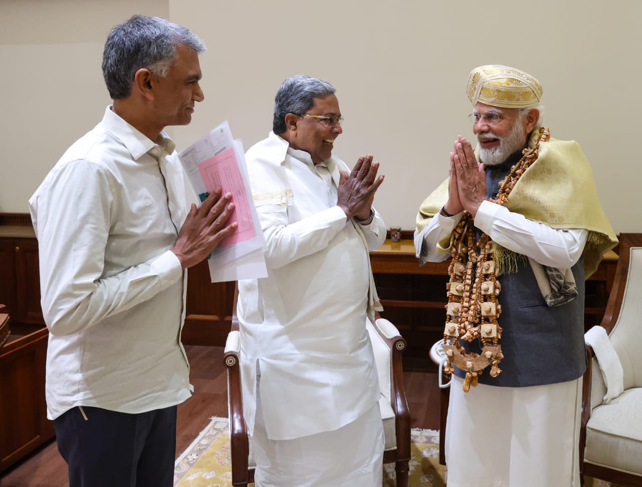 CM Siddaramaiah & his cabinet colleague Krishna Byregowda meets PM Modi to seek drought relief funds for the State