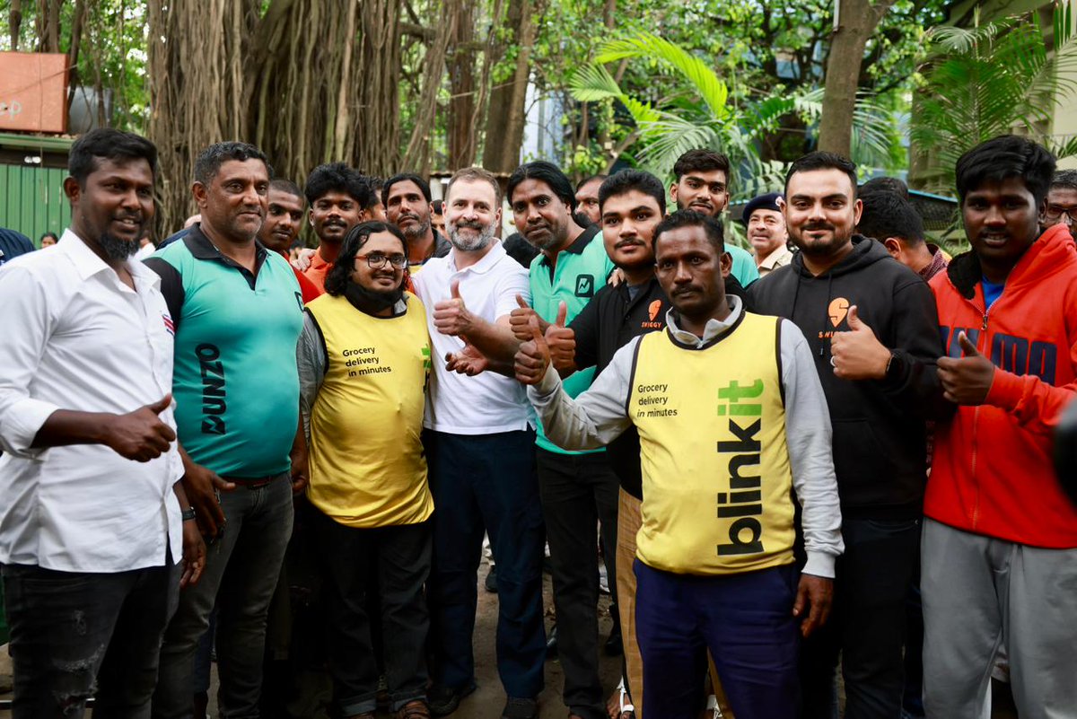 Congress MP Rahul Gandhi during his interaction with gig workers in Bengaluru before Karnataka polls. (Twitter: INCIndia)