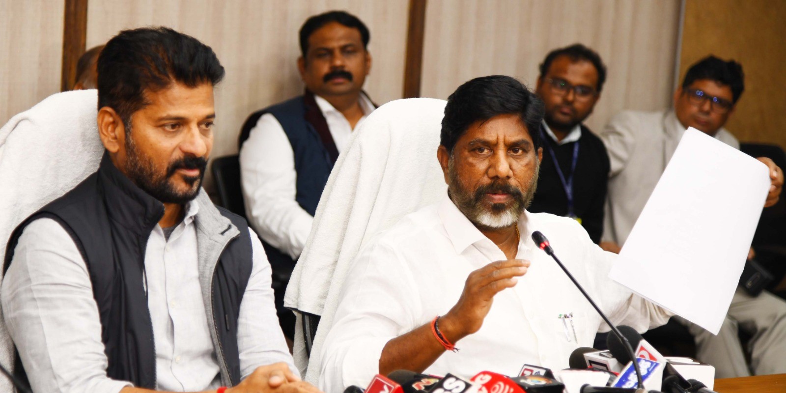 Telangana Chief Minister A Revanth Reddy and Deputy Chief Minister Mallu Bhatti Vikramarka speak to reporters after meeting Prime Minister Narendra Modi in New Delhi on Tuesday, 26 December, 2023.