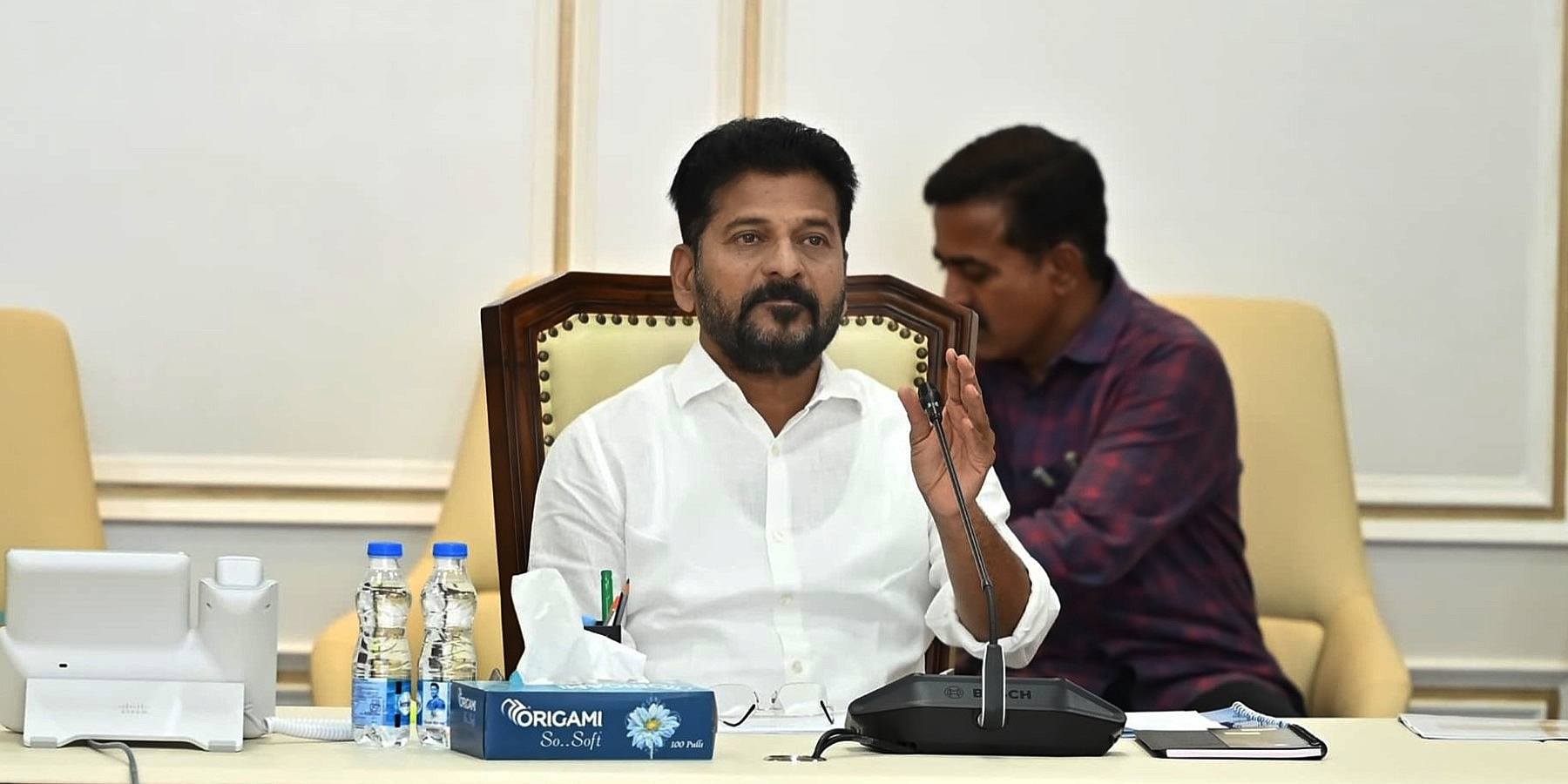 Telangana Chief Minister A Revanth Reddy at a review meeting in Hyderabad on Tuesday, 12 December, 2023.
