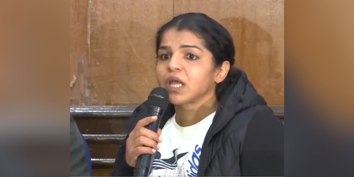 Sakshi Malik speaking to reporters.