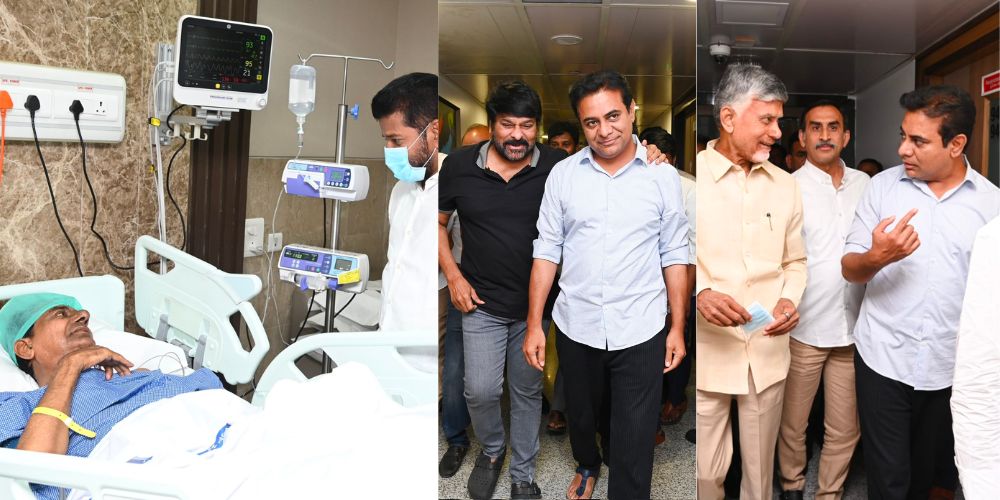 Telangana CM Revanth Reddy, Former CM Chandrababu Naidu and Mega Star Chiranjeevi paid visit to KCR.