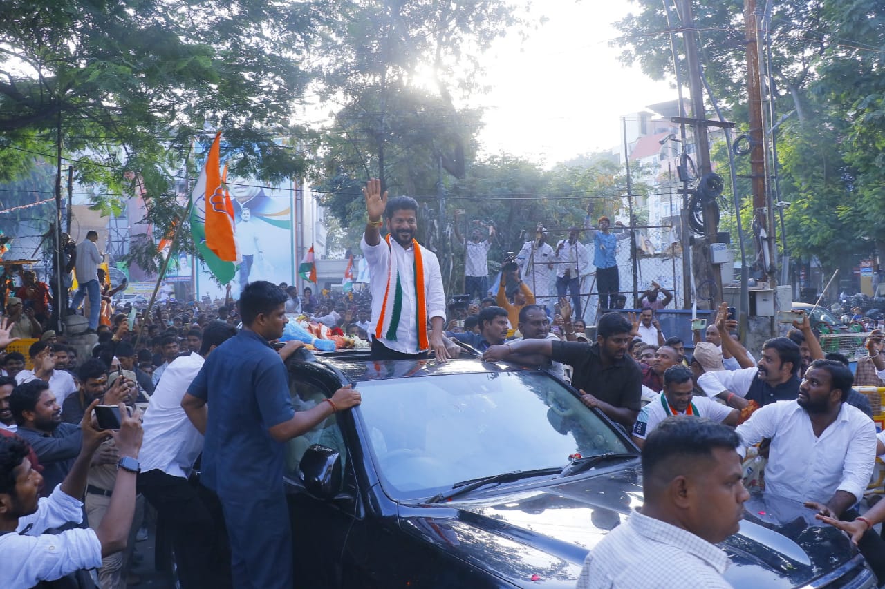Telangana Congress President A Revanth Reddy in a victory rally post Congress win in Telangana.