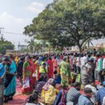 Sanitation workers receiving the builders' union members who arrived to extend the support.