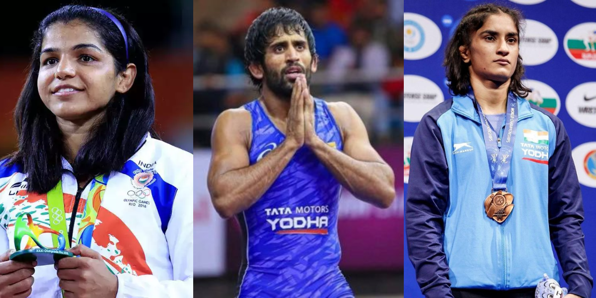 Wrestlers Sakshi Malik, Bajrang Punia, and Vinesh Phogat. (Wikimedia)