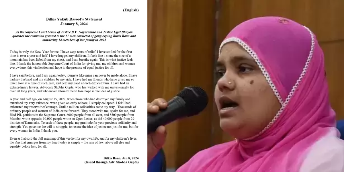 Bilkis Bano's statement after SC verdict. (Supplied)