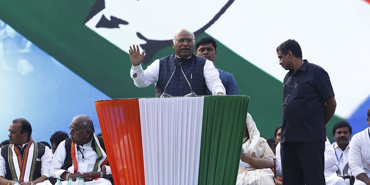 Congress president Mallikarjun Kharge addresses the Telangana Congress' polling-booth-level workers on Thursday, 25 January, 2024.