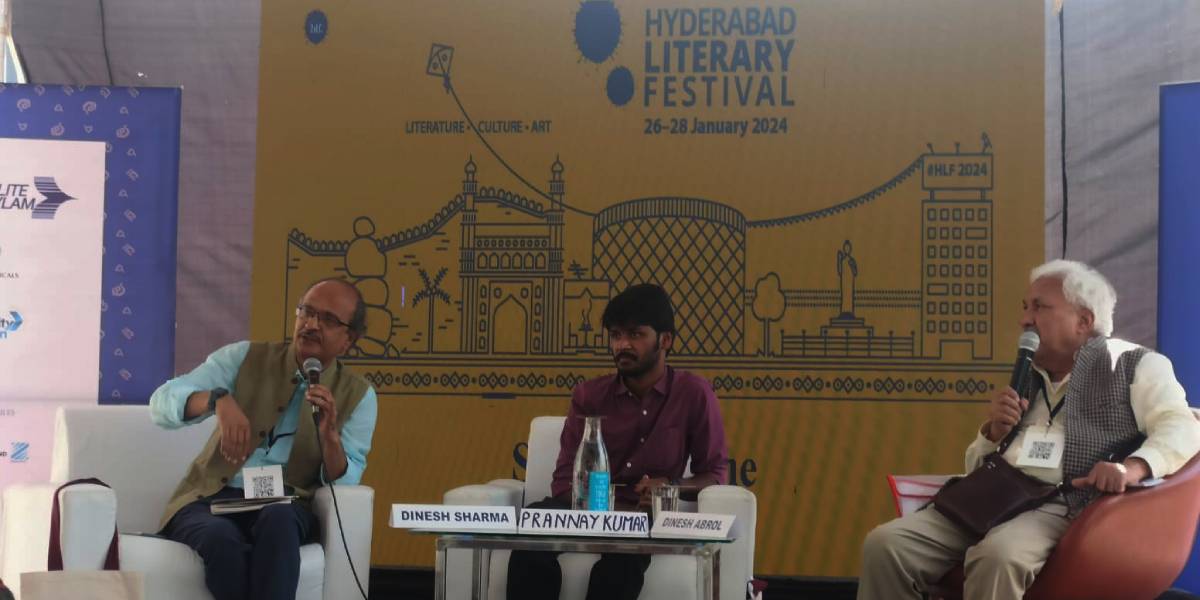 The panel of author Dinesh Sharma and Prannay Kumar of Telangana State Innovation Cell, moderated by Dinesh Abrol, professor at Institute for Studies in Industrial Development. (Sumit Jha/South First)