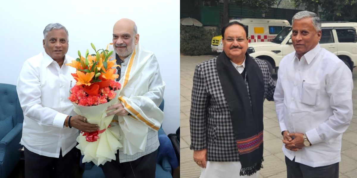 V Somanna with Amit Shah and JP Nadda