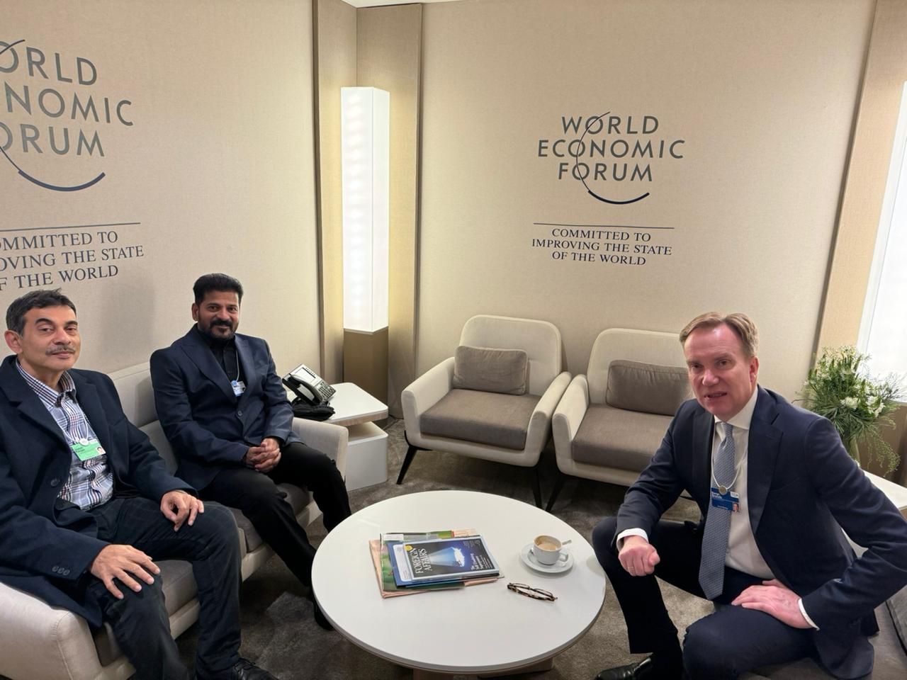 Telangana CM Revanth Reddy meets with WEF President Børge Brende. (X)