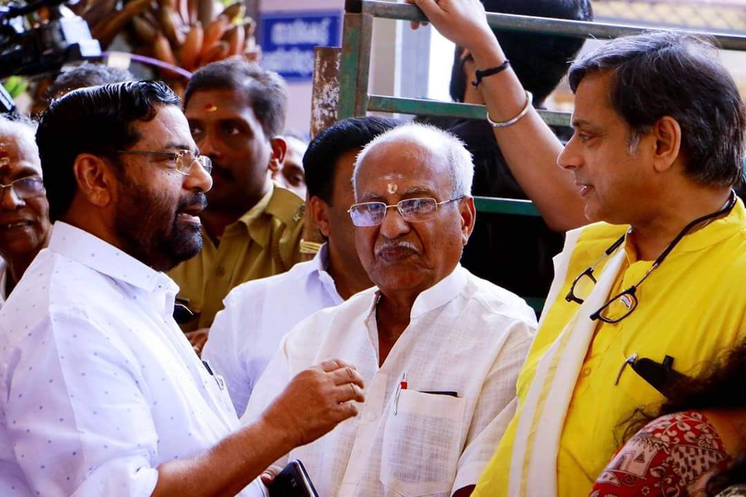 O Rajagopal is flanked by Shashi Tharoor and CPI(M)'s former minister Kadakampalli Surendran at a public function in Thiruvananthapuram. Photo: Supplied