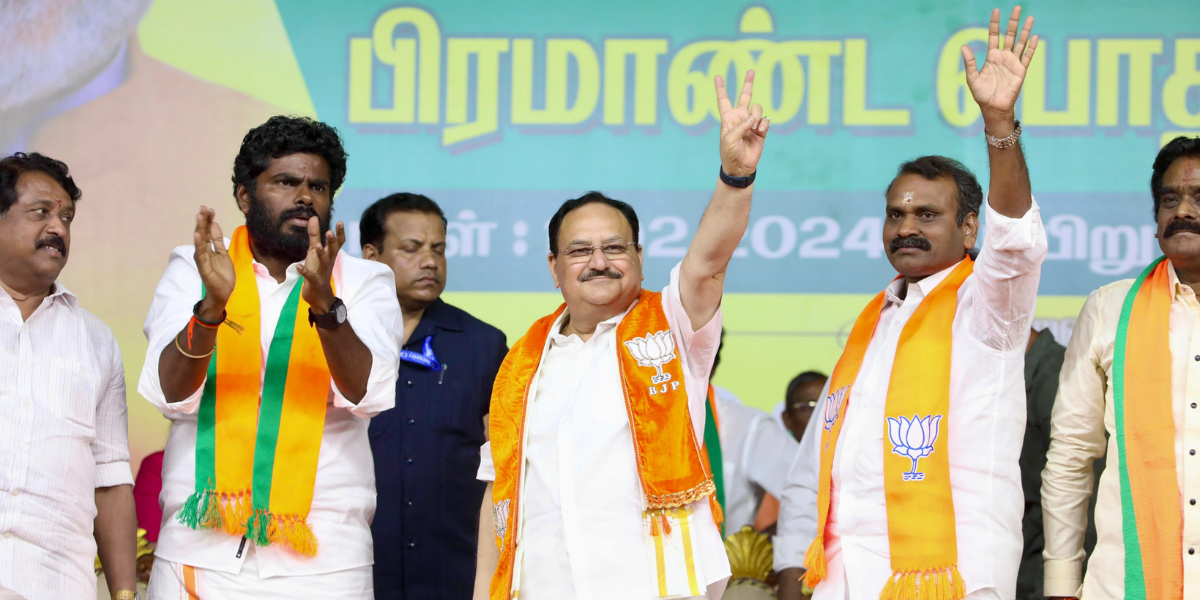 BJP national president JP Nadda (centre) with BJP TN chief K Annamalai (left) at Harbour constituency, Tamil Nadu. (X)