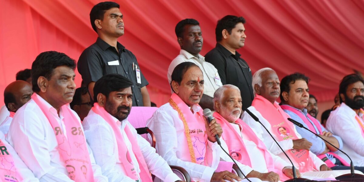 BRS chief K Chandrashekar Rao addresses a public meeting in the Nalgonda district of Telangana on Tuesday, 13 February, 2024.