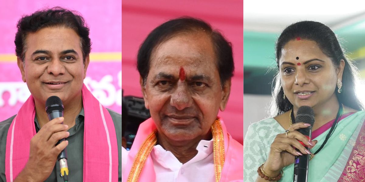 From left: File photos of KT Rama Rao, K Chandrashekar Rao, and K Kavitha.