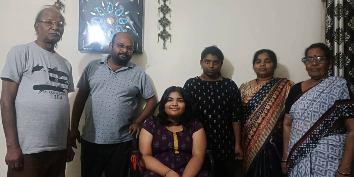 Budithi Lakshmi Dedeepya who is suffering from Spinal Muscular Atrophy with her family. (Sumit Jha/South First)