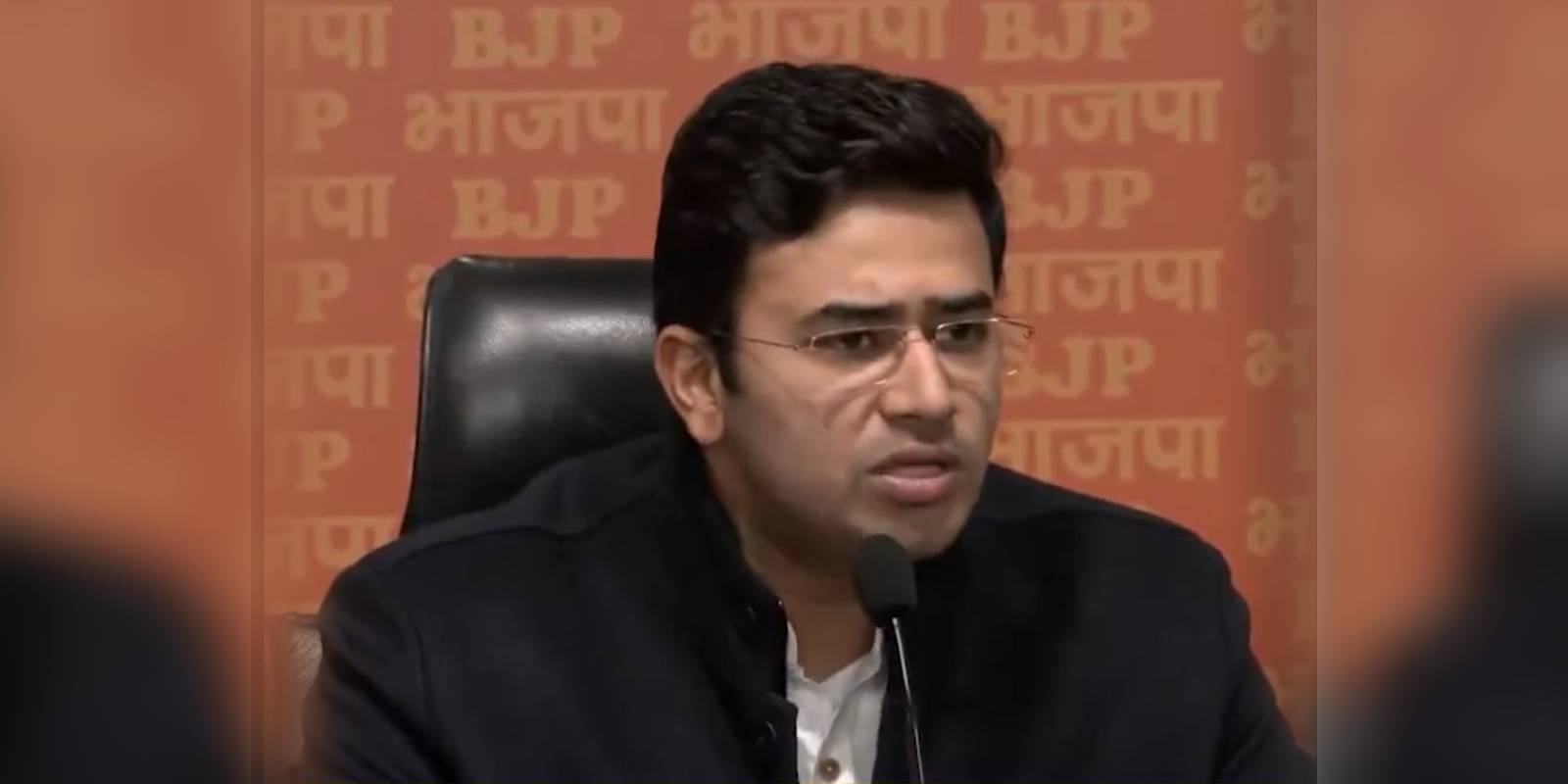 Tejasvi Surya adressing the press