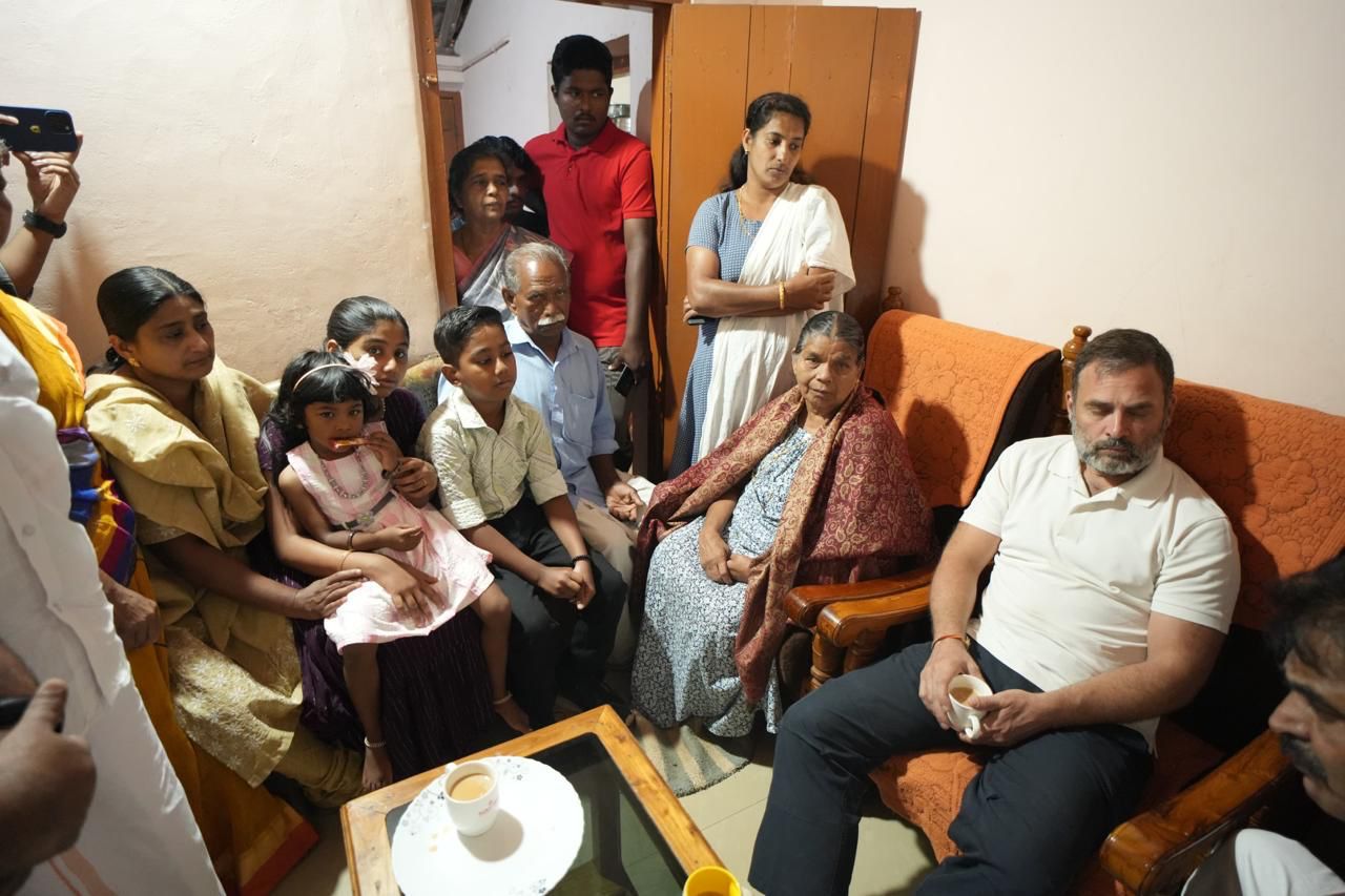 Rahul Gandhi with the family family members of Ajeesh, who was trampled to death by a radio-collared elephant on 10 February. (Supplied)