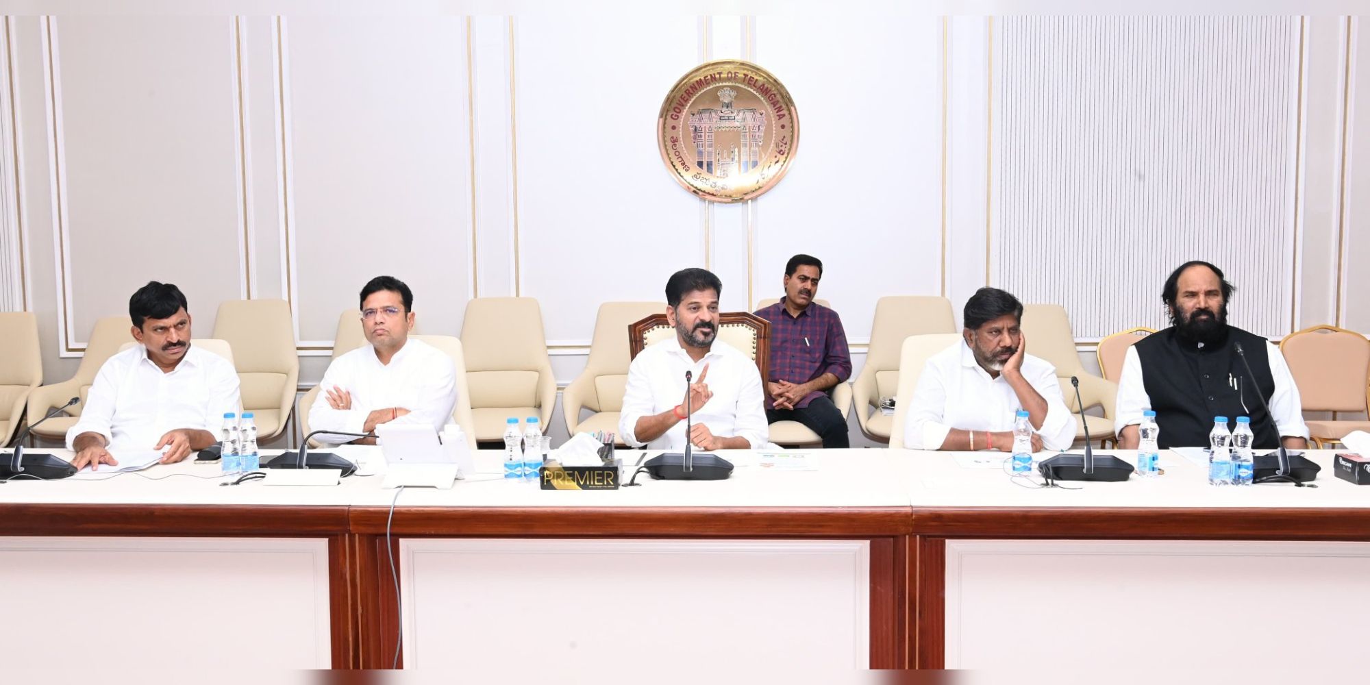 Telangana Chief Minister A Revanth Reddy (centre) at a Cabinet subcommittee meeting in Hyderabad on Thursday, 22 February, 2024.