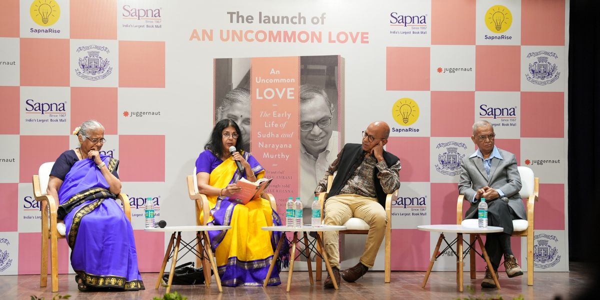 Sudha Murthy, Chitra Banerjee Divakaruni, Rahul Jacob and Narayana Murthy at the launch of An Uncommon Love. (Supplied)