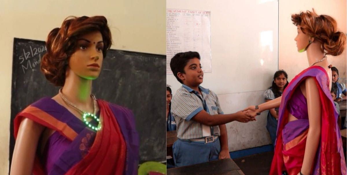 AI robot teacher interacting with the students