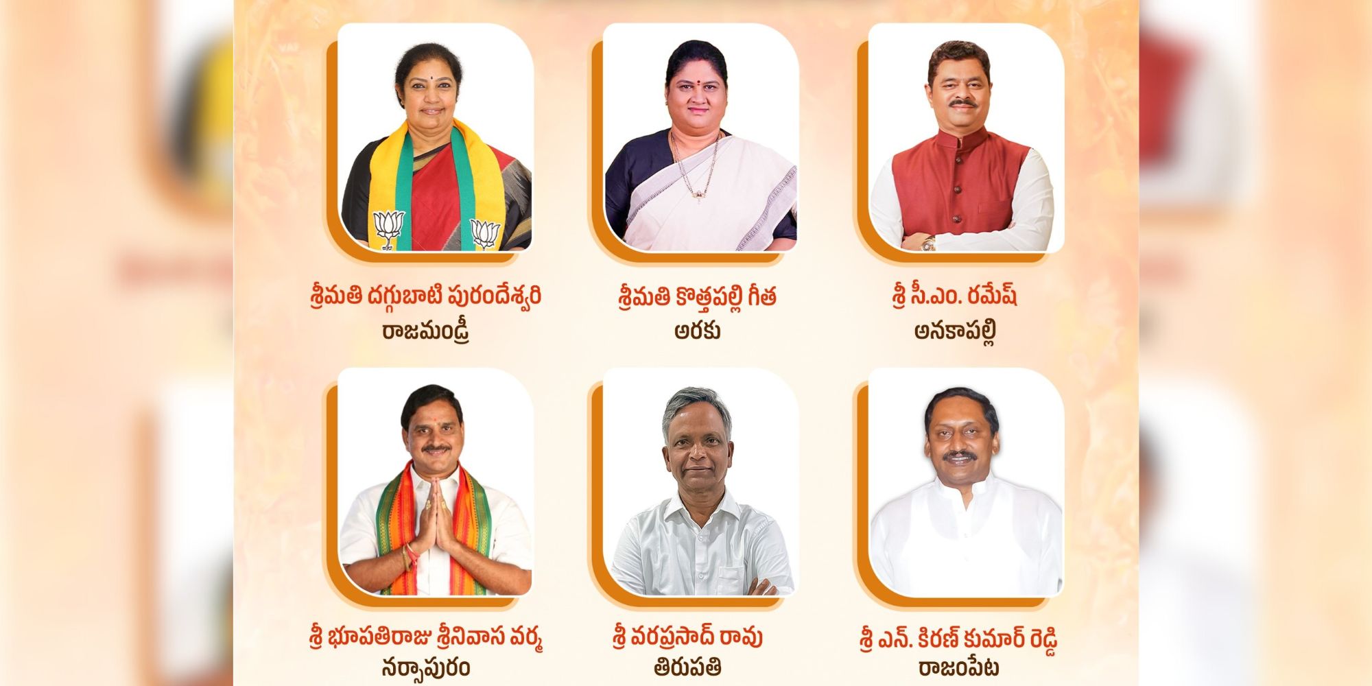 Clockwise from top left: D Purandeswari, Kothapalli Geetha, CM Ramesh, N Kiran Kumar Reddy, Varaprasad Rao, and Bhupathiraju Srinivasa Varma.