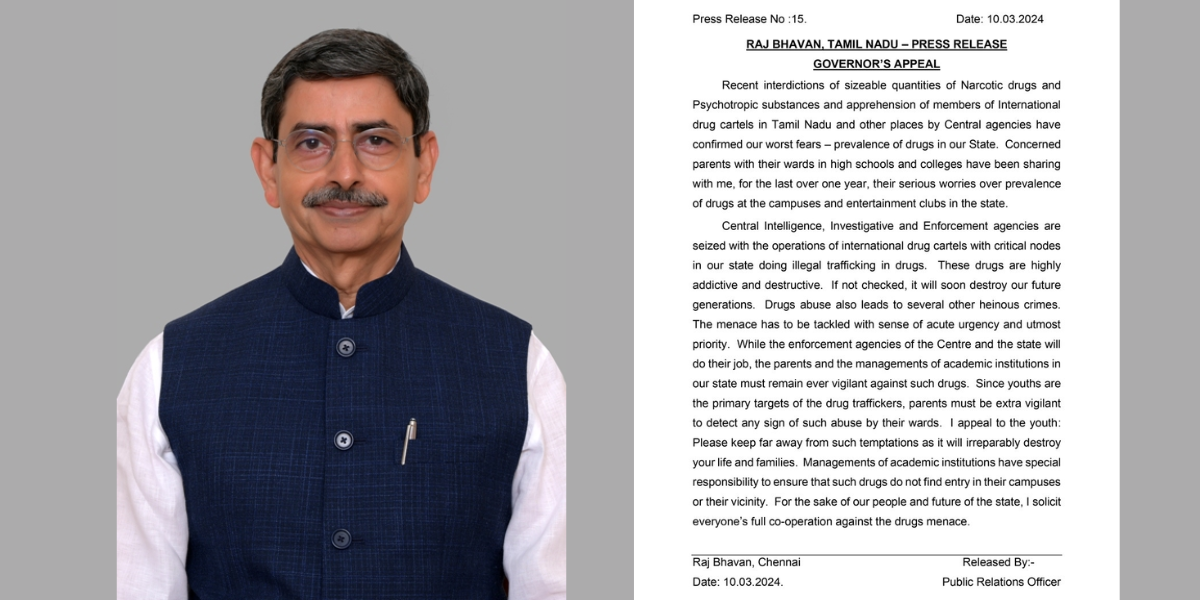 Governor Ravi's statement on drugs in Tamil Nadu. (X)
